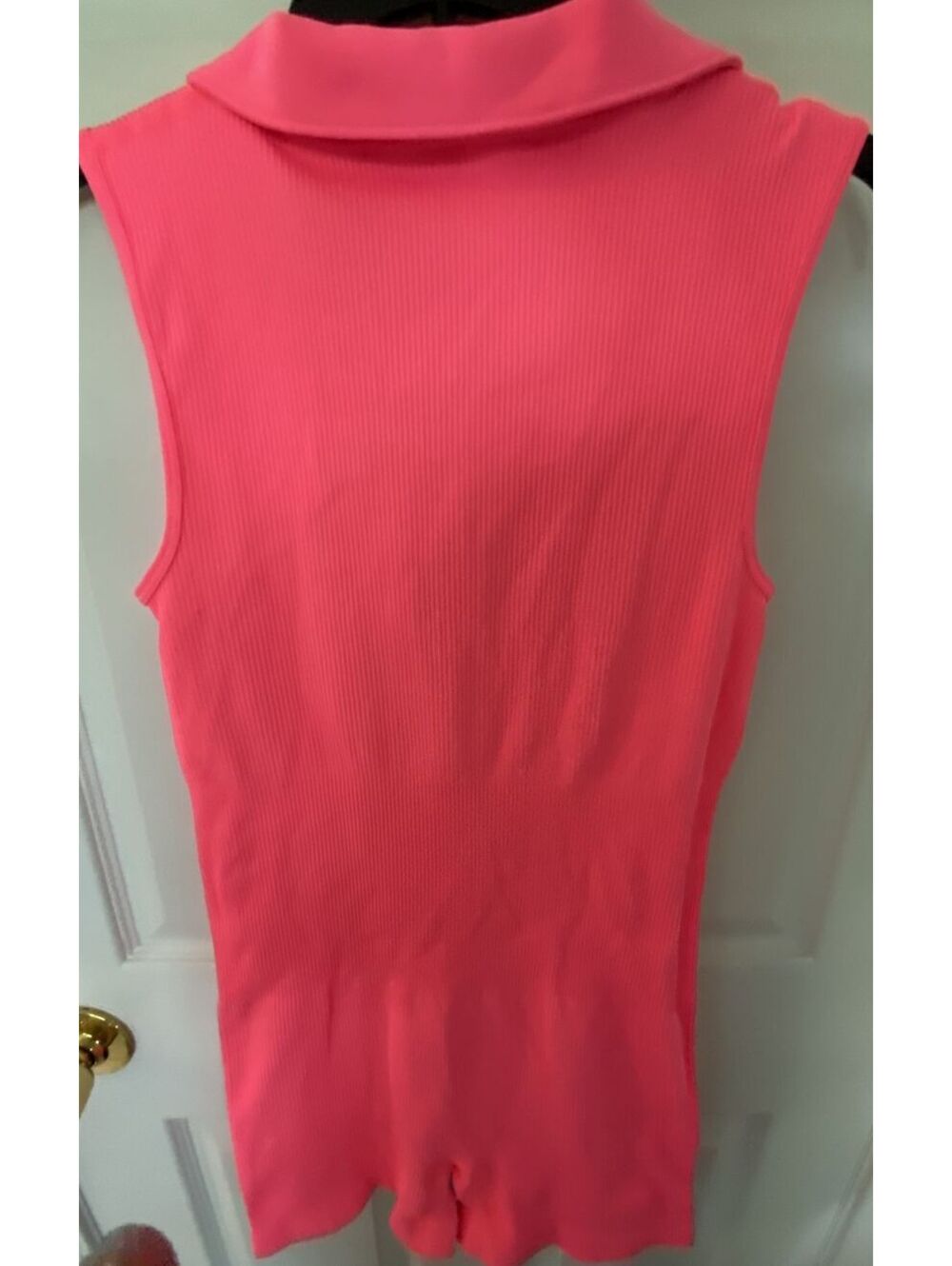 OQQ V Neck Romper / Collared Ribbed Tummy Control Romper in Hot Pink/Rose